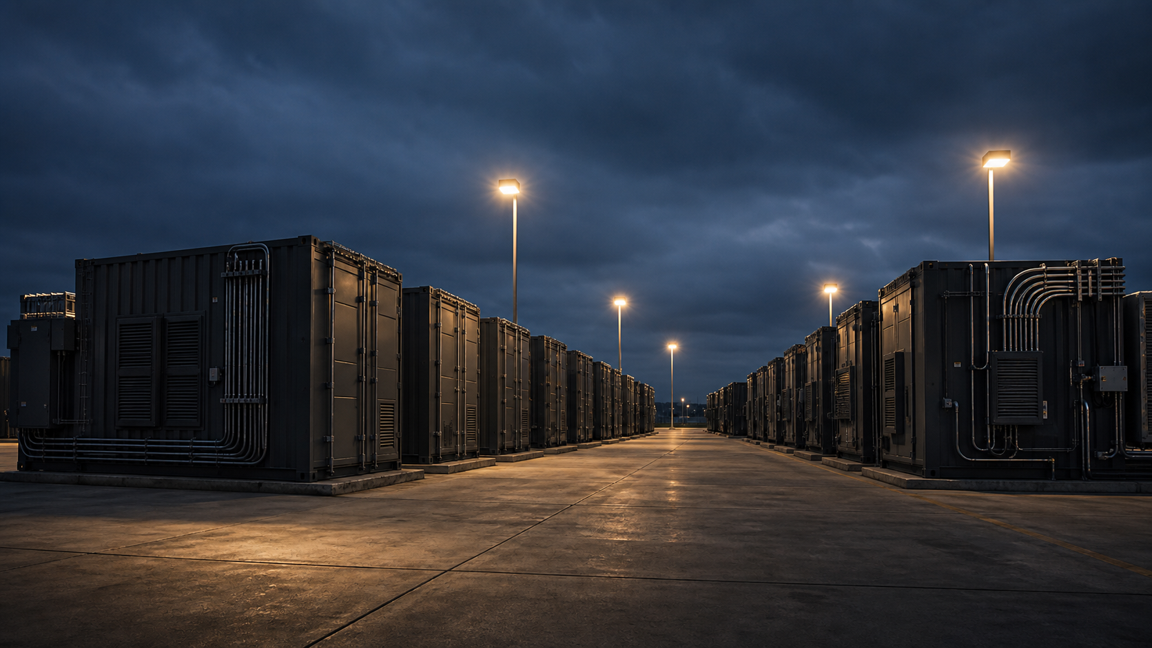Phase II multi-tenant container yard showing parallel rows of modular compute containers in a dusk industrial yard.