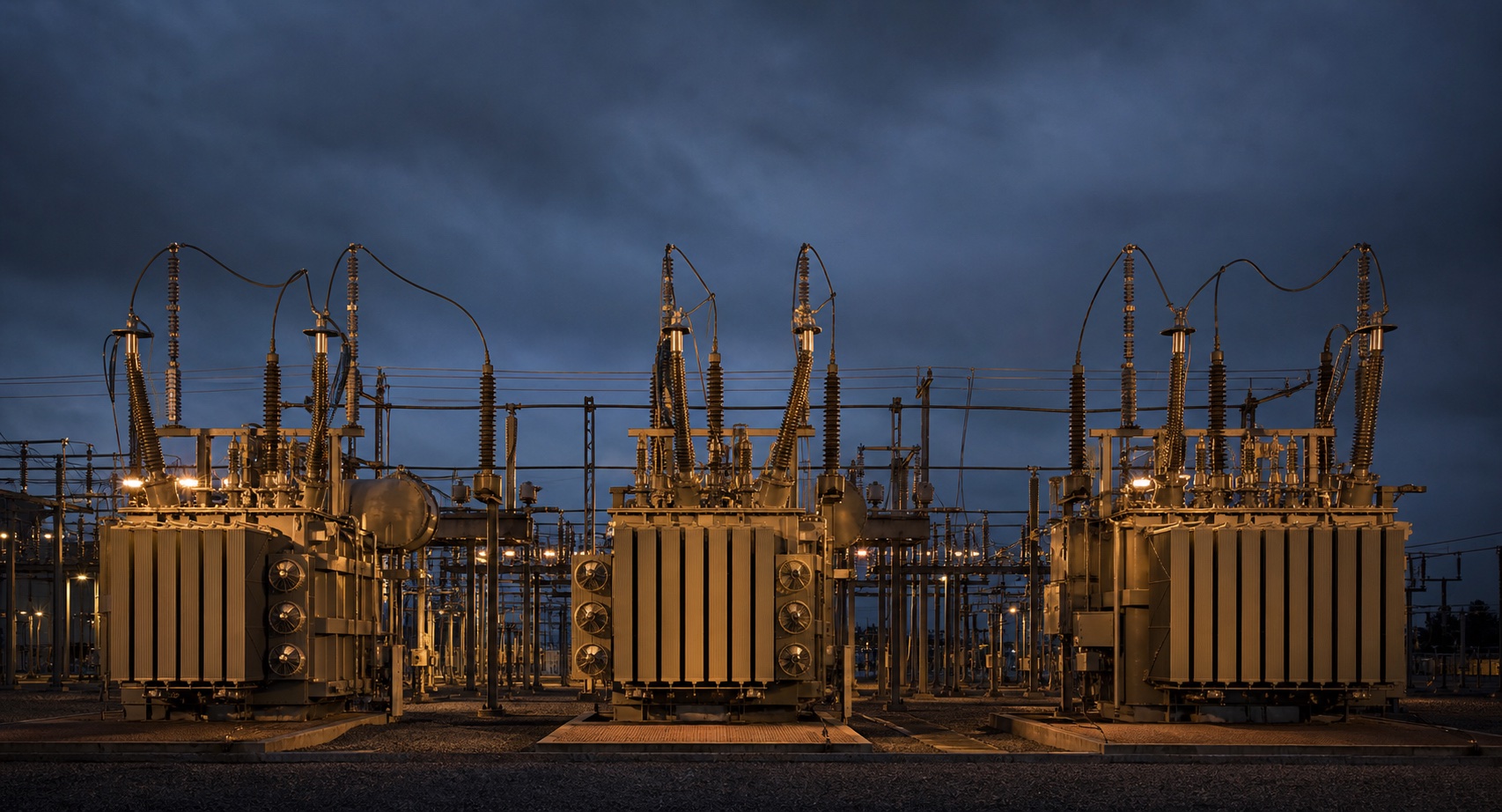 Phase I transformer yard at dusk showing the energized substation infrastructure that anchors the initial 52+ MW portfolio deployment.